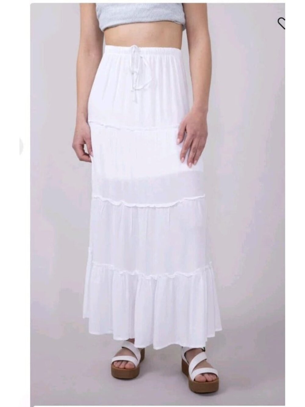 Love Tree White Tiered Midi Skirt L Boho Flowy Elastic Waist Lined 30x32